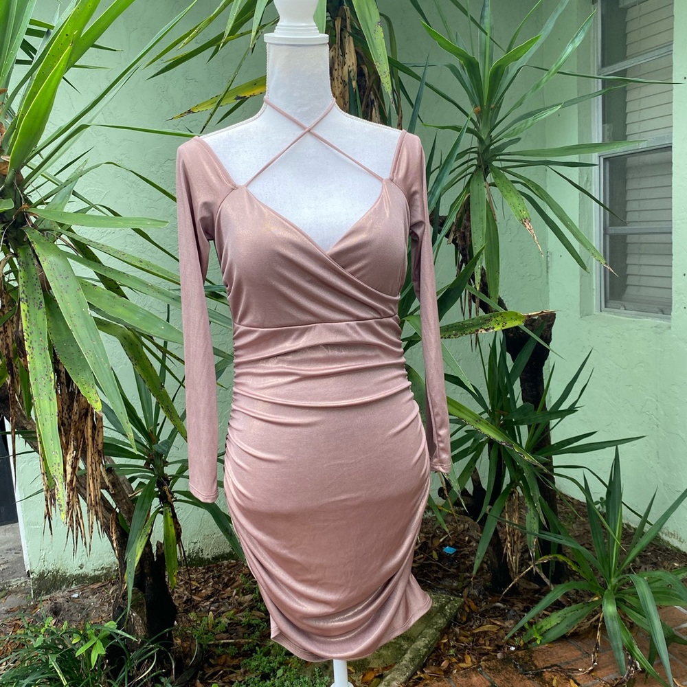 Bronze Metallic Ruched Dress - Picture 3 of 10